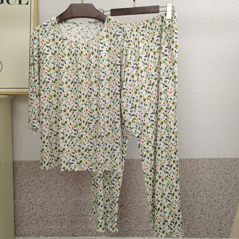 重磅女春夏真丝针织家居服桑蚕丝加厚圆领七分袖二件套宽松睡衣裤