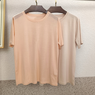女大码 上衣家居服 100%桑蚕丝绢丝真丝针织套头纯色短袖 宽松打底衫