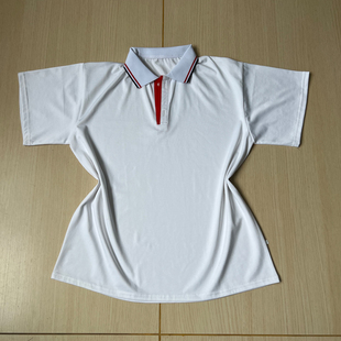 白色校服短袖白领藏蓝大红条领口大红色拼白色男女班服T恤POLO杉