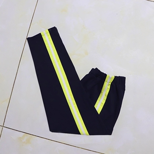 藏蓝色拼荧光黄宽杠压一道白条宽松直筒男女定制大码 四季 校服长裤