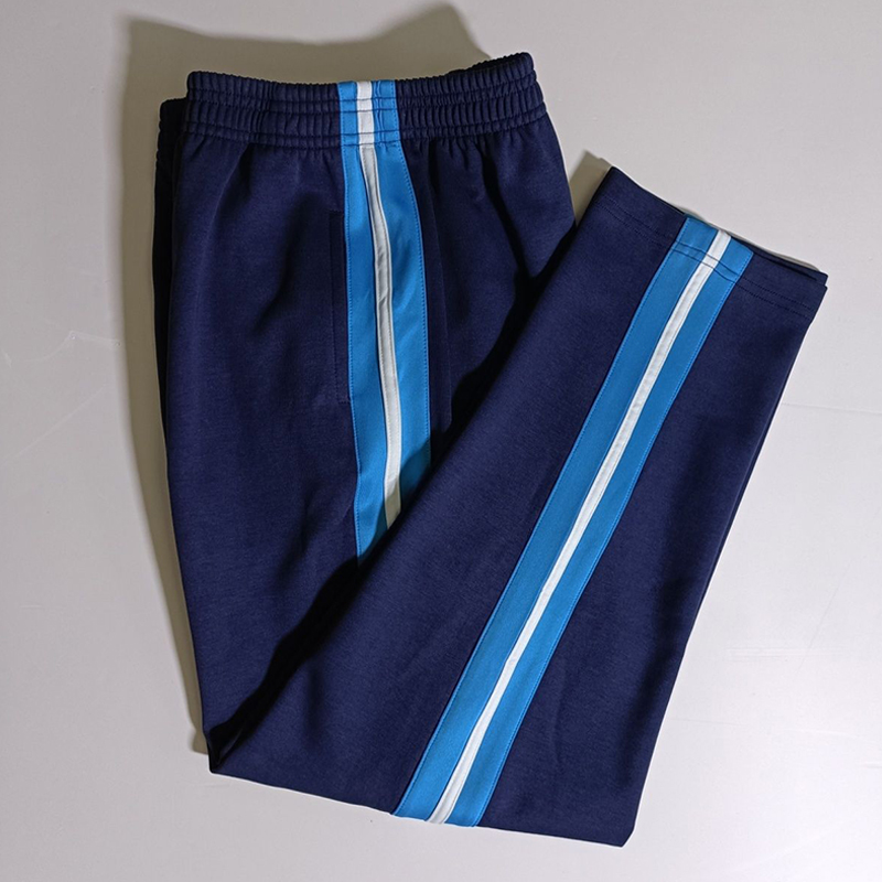 统一定制高中学生校服裤子藏蓝色拼湖蓝宽杠压白条南韩丝休闲长裤