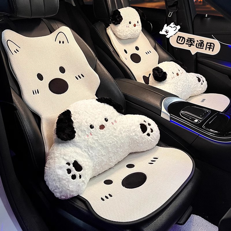 汽车坐垫四季通用亚麻女2025新款可爱小狗后排单片座椅套亲肤透气
