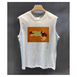 日系熊谷守一花鸟虫鱼猫咪蜜蜂夏日手工拓印男女纯棉短袖T恤背心