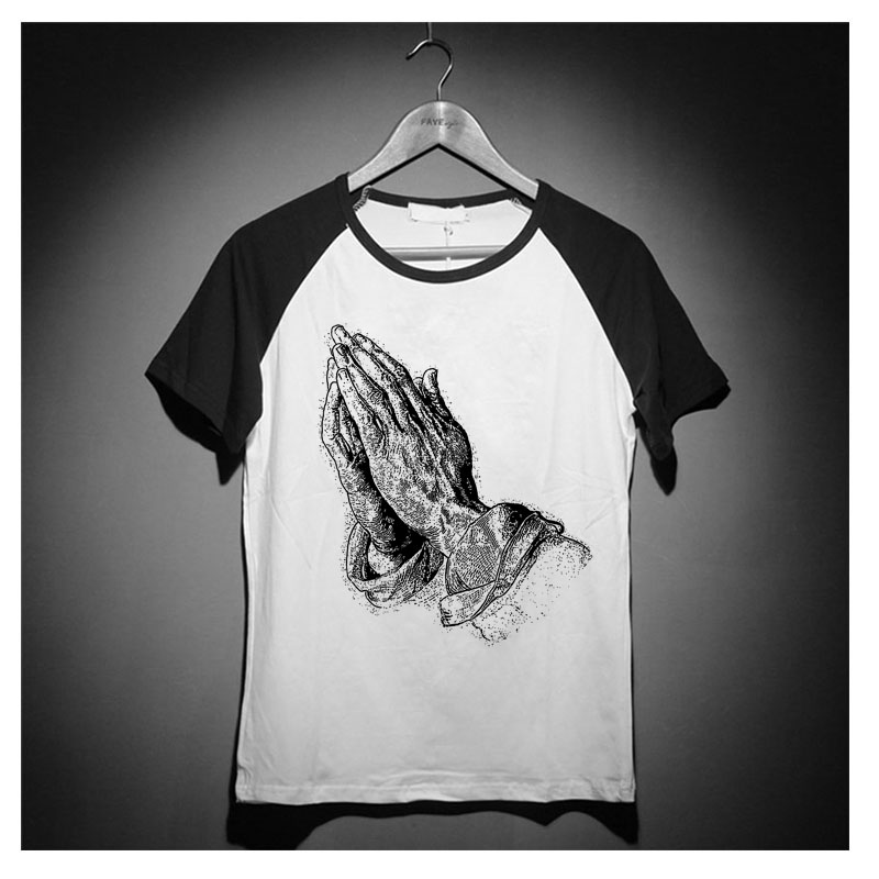 丢勒祈祷的手素描哥特风西海岸复古摇滚刺青柔滑面料宽松t恤衫