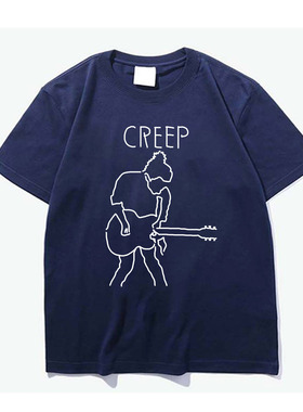 radiohead creep台头桶木腰吉他手绘极简设计感低调纯棉短袖T恤