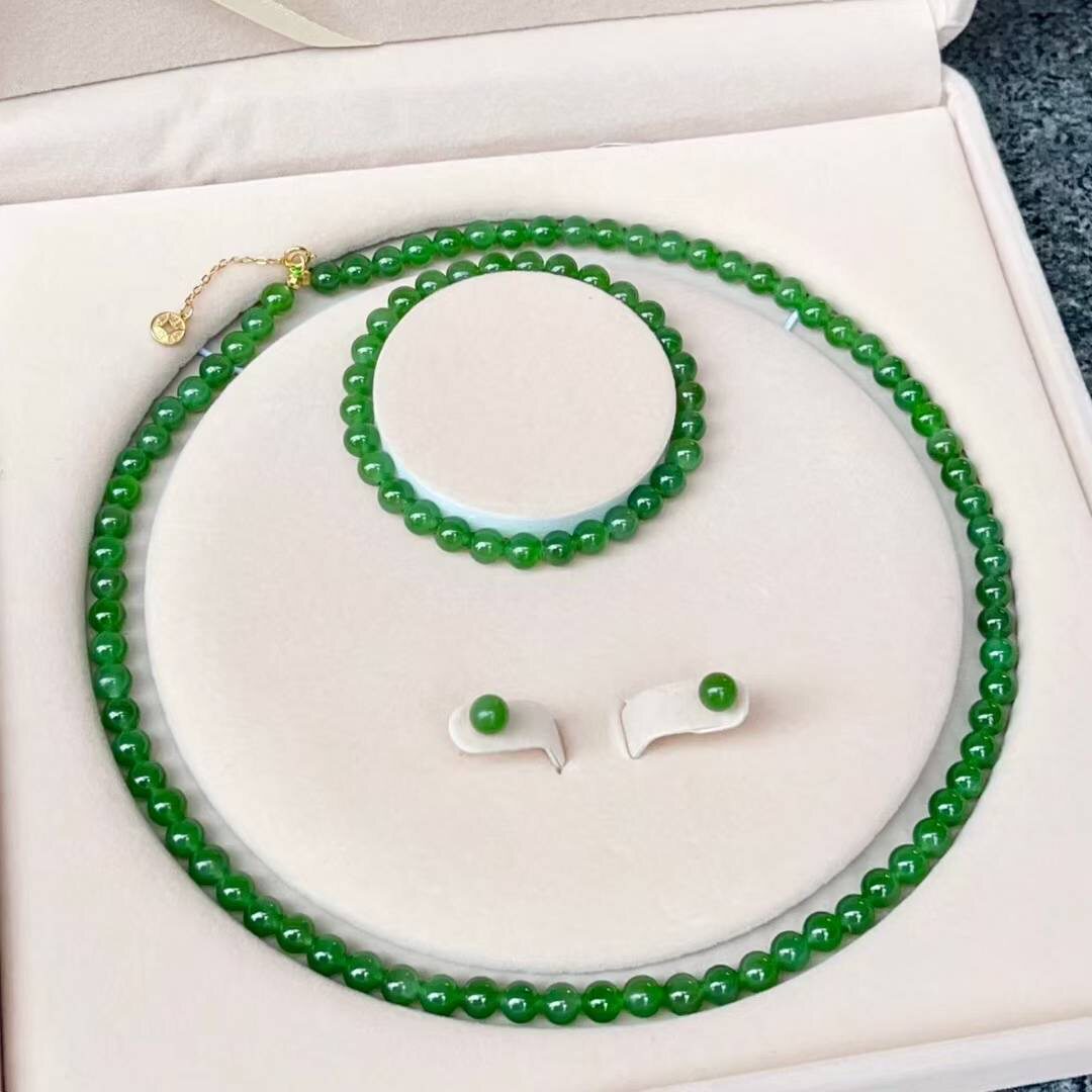 和田玉碧玉冰阳绿圆珠项链手链耳环三件套菠菜绿毛衣链送妈妈女友