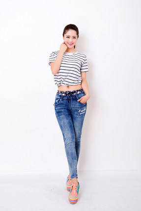特价  TOTOBLUE韩版小哈伦弹力大码松紧高腰显瘦女牛仔9分裤26922