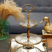 欧式 美式 印度进口奢华把手黄铜雕花玻璃双层水果蛋糕盘收纳盘摆件