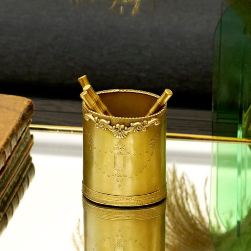 印度进口欧式简约复古黄铜雕花笔筒化妆刷收纳桶桌面收纳桶摆件