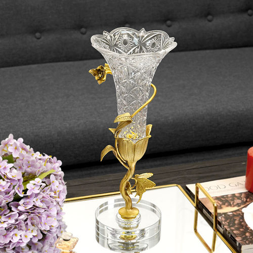 美式轻奢黄铜水晶玻璃精致花瓶 客厅餐厅花器装饰品创意插花摆件