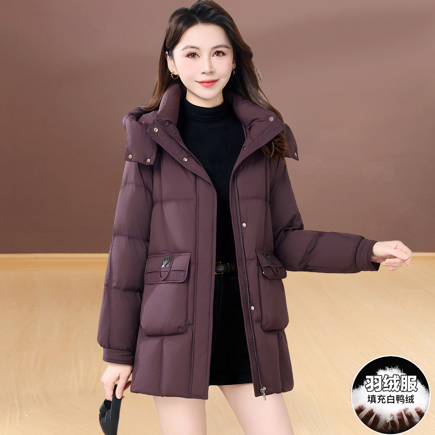 2025新款韩版连帽羽绒服女冬季中长款时尚气质修身白鸭绒保暖外套