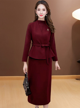 气质优雅红色套装裙2026春季新款V领马夹系带收腰显瘦三件套25B53