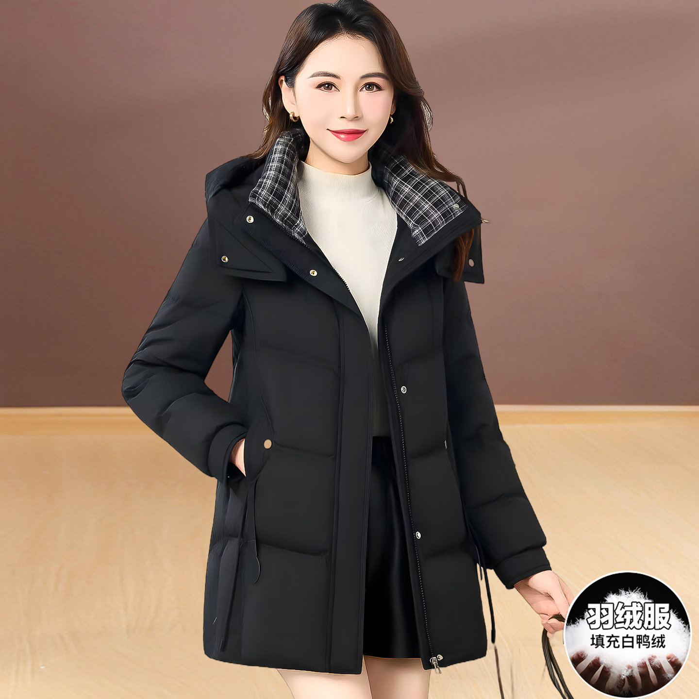 2025新款韩版中长款羽绒服女冬季时尚气质连帽修身白鸭绒保暖外套