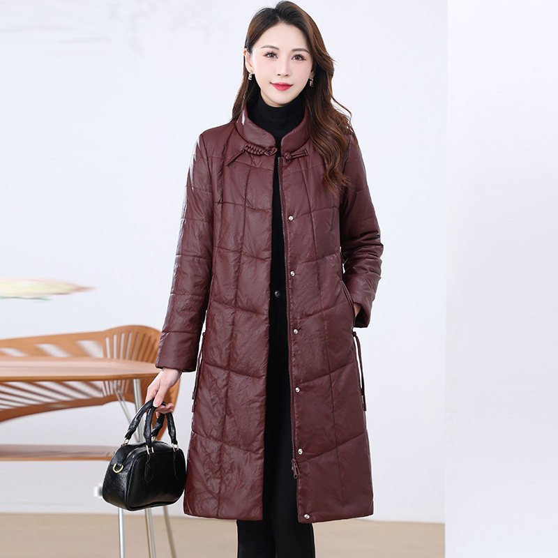 2025新款女士长款PU皮棉服中年妈妈加厚过膝立领排扣保暖皮棉衣女