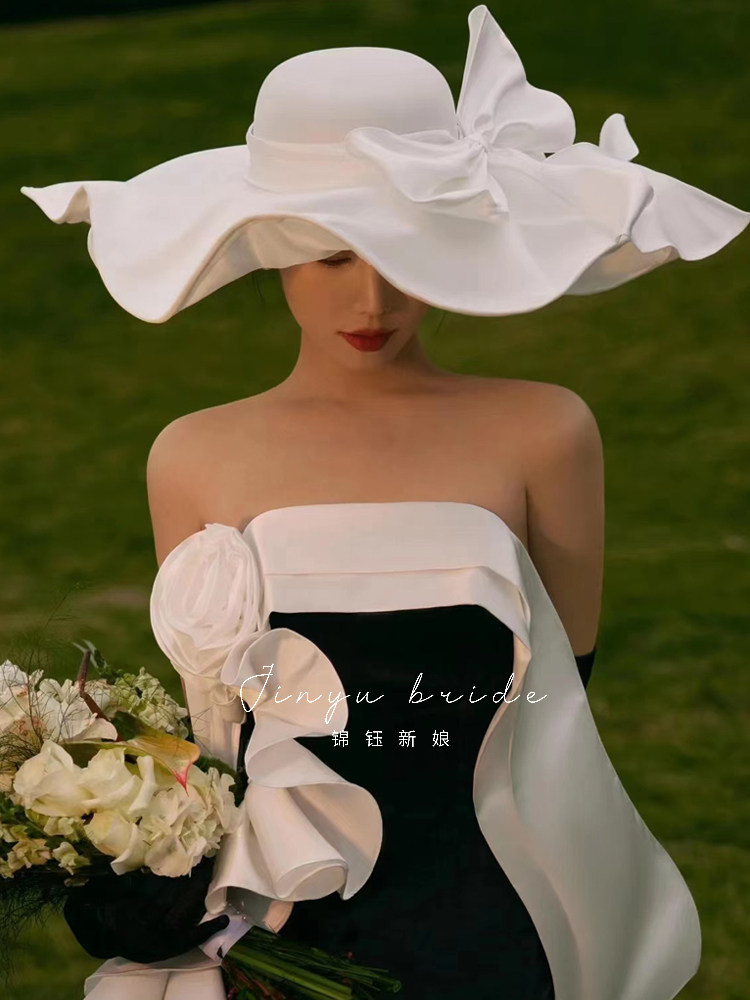 创意新娘头饰夸张缎面白色蝴蝶结大礼帽t台走秀摄影楼大檐帽发饰