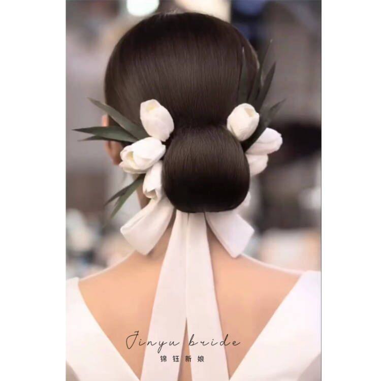 流行复古风郁金香花朵飘带新娘头饰白纱影楼写真造型森系彩妆配饰