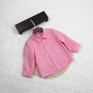 春夏款儿童亚麻衬衫男女童装休闲长袖上衣宝宝浅粉色文艺宽松衬衣