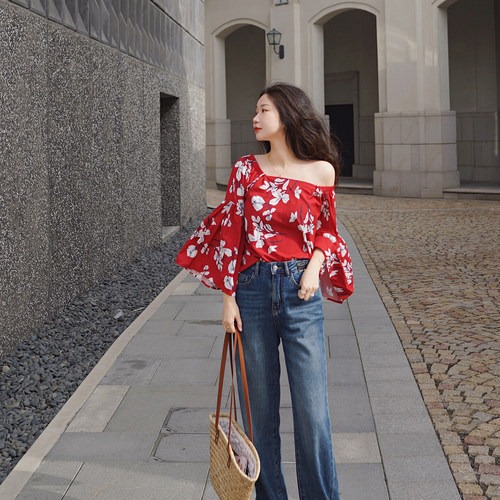 度假法式一字肩印花雪纺衫