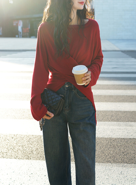 LadyBH2025秋冬红色黑色两穿裹布修身显瘦设计感通勤女毛衣针织