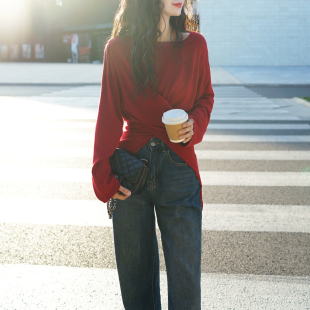 LadyBH2025秋冬红色黑色两穿裹布修身 显瘦设计感通勤女毛衣针织