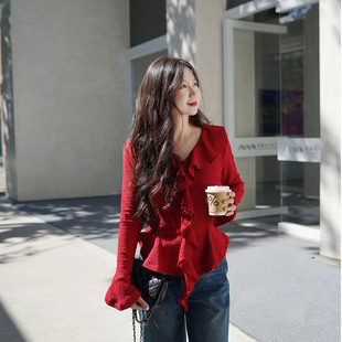 肌理设计感通勤荷叶女上衣打底衫 LadyBH2026春V领红色长袖 修身
