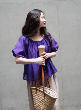 2025夏季天丝透气凉爽海葵紫色显白泡泡袖女短袖上衣宽松显瘦衬衫