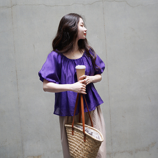 上衣宽松显瘦衬衫 女短袖 天丝透气凉爽海葵紫色显白泡泡袖 2025夏季