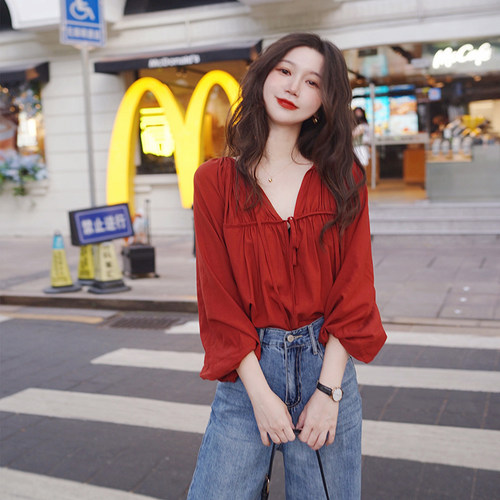 宽松法式系带天丝红色两面穿衬衫