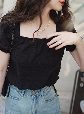 2024春季度假风黑色法式复古肌理感泡泡袖方领蝴蝶结短袖上衣女