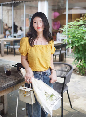 度假短袖灯笼袖肌理面料系带衬衫