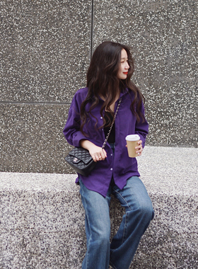 LadyBH自制秋冬紫色复古显白灯芯绒长袖设计感小众通勤百搭衬衫
