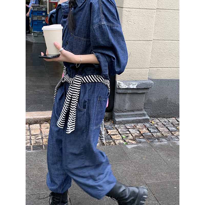 红人馆牛仔连体裤女2020新款秋工装港味显瘦气质帅气连衣长袖套装