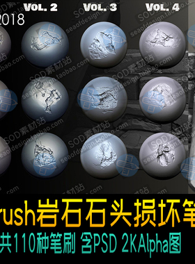 Zbrush110个岩石石头损坏笔刷 2K Alphas图 ZB笔刷