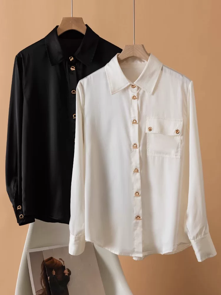 特价！外单春秋季奢簰同款垂顺丝滑直筒翻领金属扣纯色通勤风衬衫