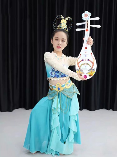 敦煌舞蹈服儿童女独舞长袖古典舞服装遇见飞天天女反弹琵琶演出服