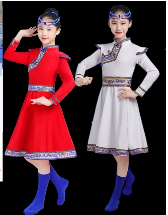 儿童女孩蒙古表演服白色演出服舞蹈筷子舞长袍蒙族练功草原舞服装