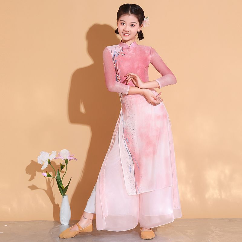 女童古典舞演出服少儿飘逸纱衣练功服粉色旗袍舞蹈服身韵表演服装图片