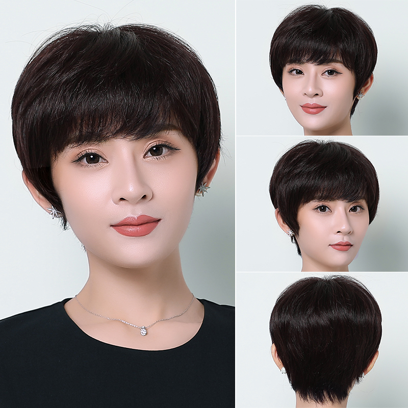 真人发丝假发女短发中老年妈妈时尚短直发发型修脸真