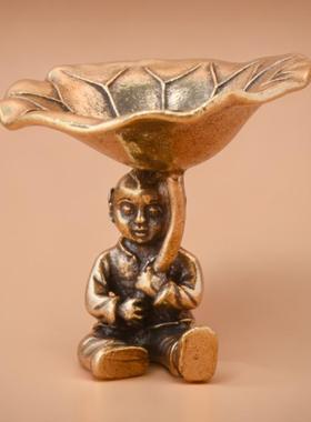 朴器纯黄铜复古荷叶仙童桌面摆件荷叶铜雕工艺品茶宠摆饰老铜器