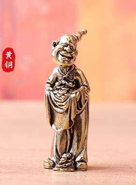 纯黄铜纳财老翁地主老头送财宝复古文创装饰桌面茶宠工艺品铜摆件