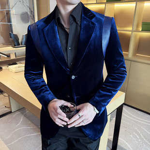 主持人礼服高级感歌手演出西服男装 新款 外套冬装 蓝色丝光绒男西装