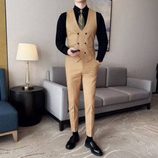 格子商务休闲双排扣马夹伴郎团服兄弟装 男士 马甲套装 英伦绅士工装