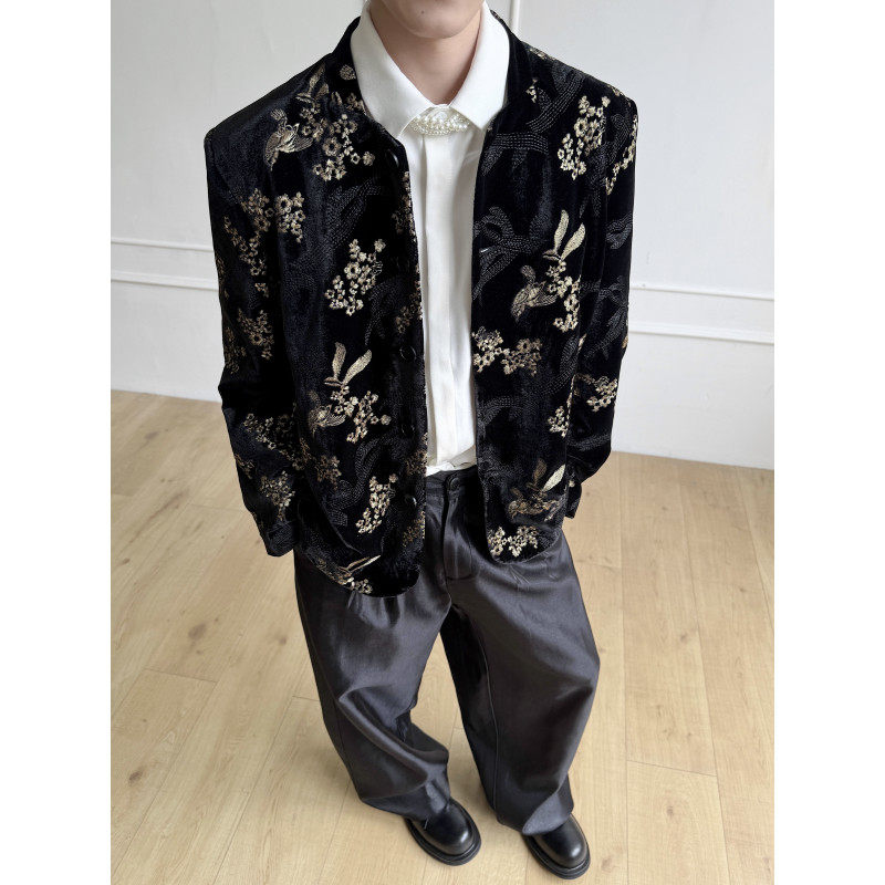 新品复古黑色丝绒外套金色刺绣花夹克时尚新中式中山装男女同款