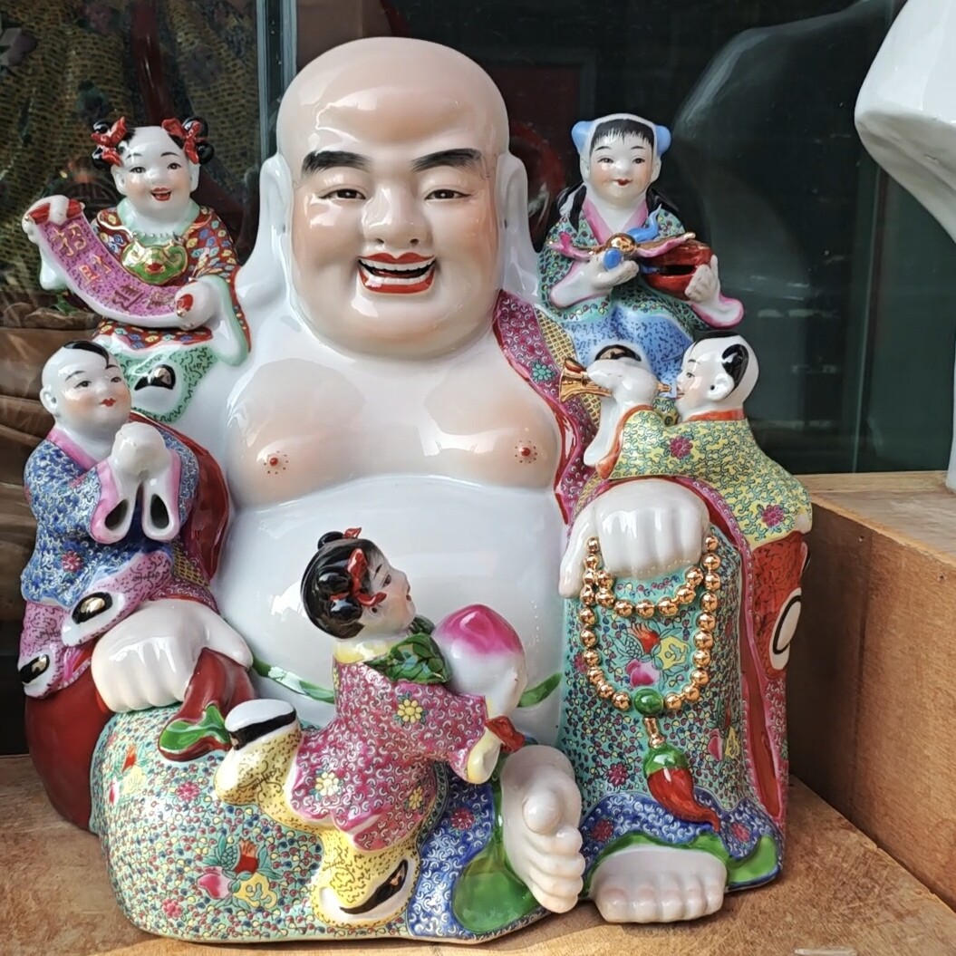 坐五子弥勒佛像景德镇粉彩陶瓷多仔大肚笑佛客厅家居五子登科摆件