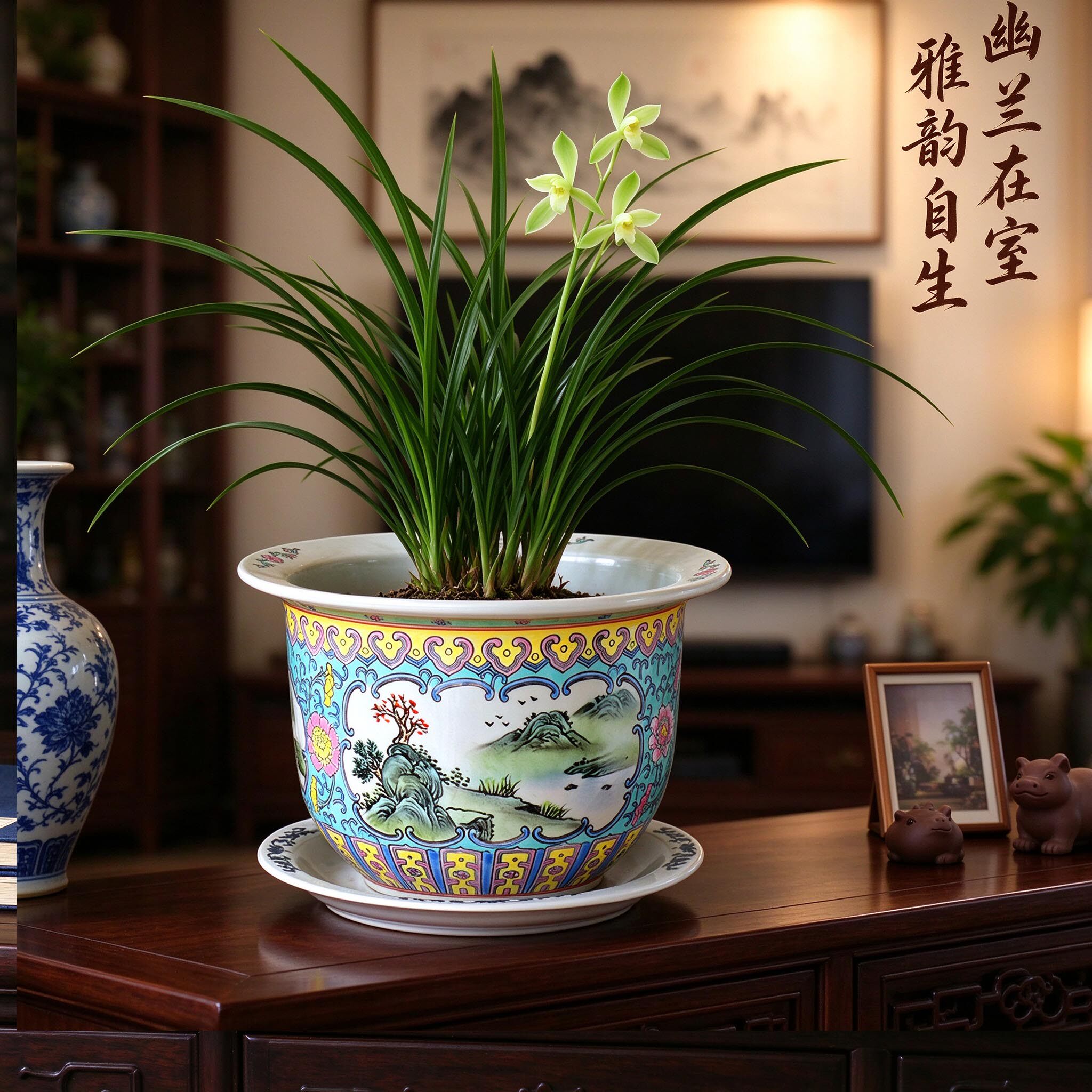 景德镇陶瓷粉彩花盆带托盘古典圆形盆栽器皿彩绘兰花手绘山水画