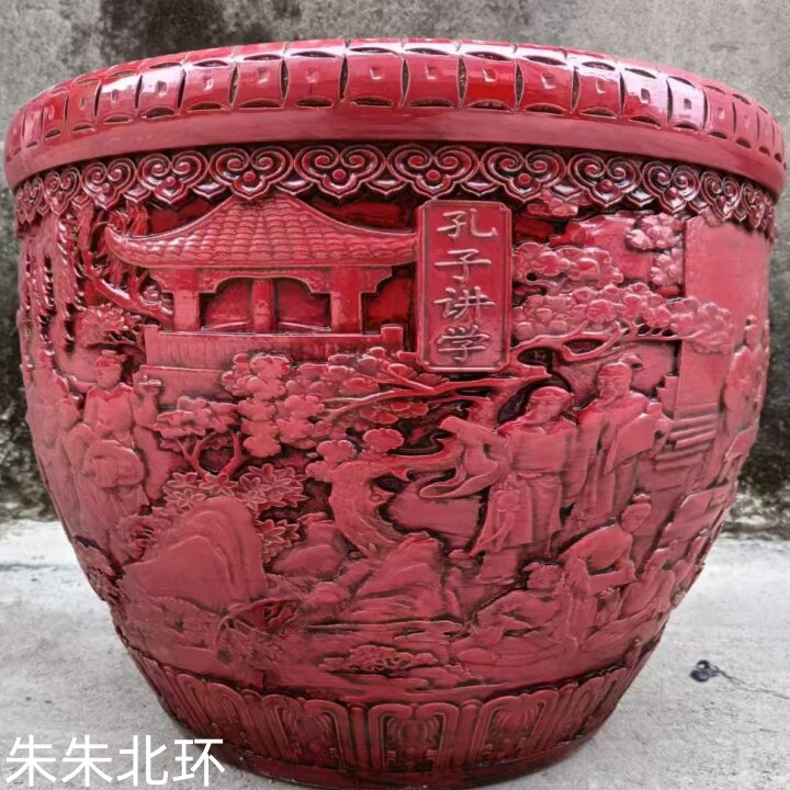 中式文化红色雕刻仿古陶瓷大中号金鱼缸卷轴缸黄釉荷花缸孔子讲学