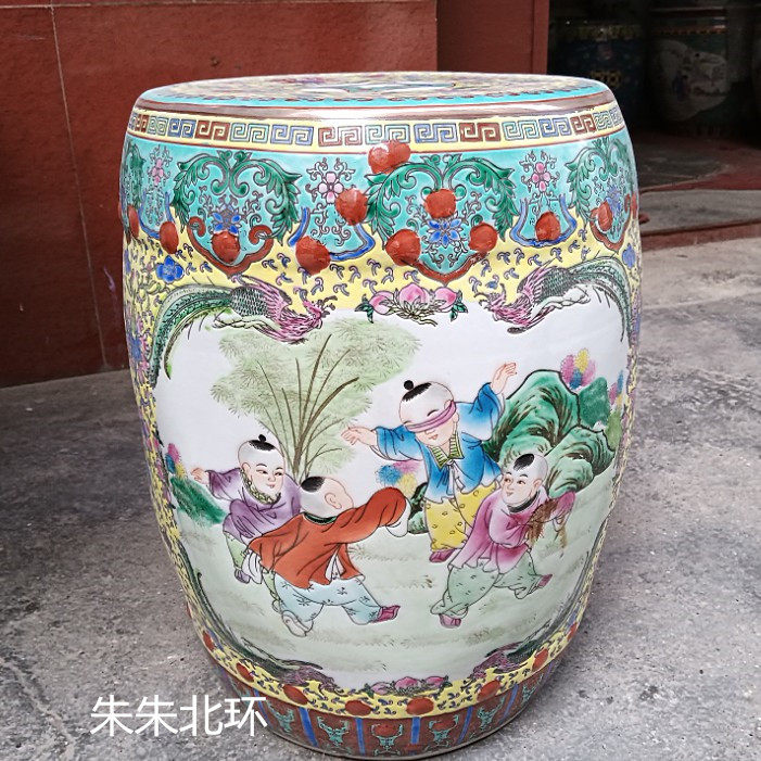 粉彩帝王黄婴戏图陶瓷凳子现代家居装饰品换鞋凳摆件瓷器鼓凳花架