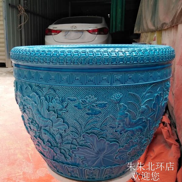 景德镇陶瓷大鱼缸雕刻书画卷轴荷花碗莲缸孔雀蓝色风水缸荷塘清韵