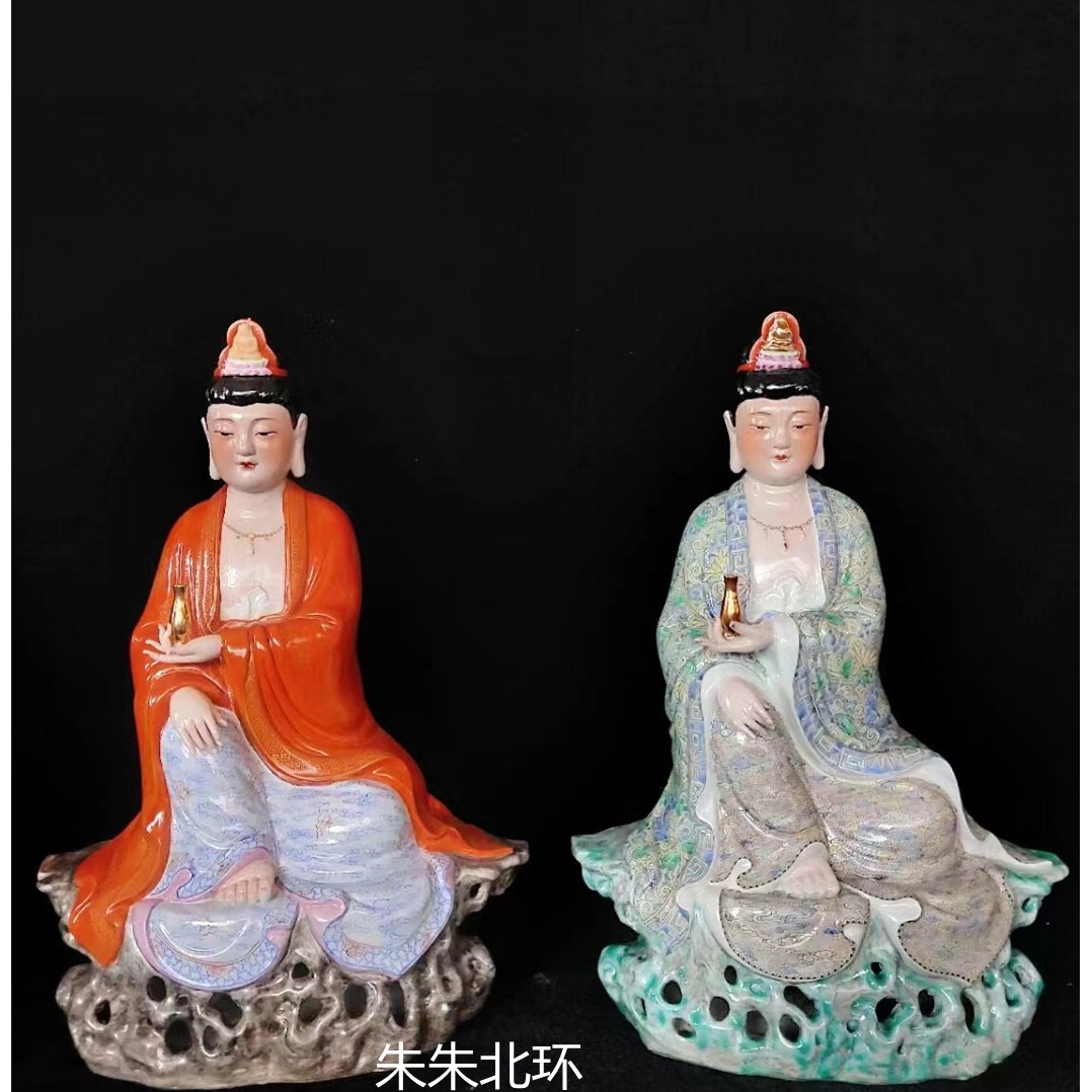 景德镇雕塑陶瓷红衣描金自在观音菩萨家居观世音佛像供奉摆件16寸