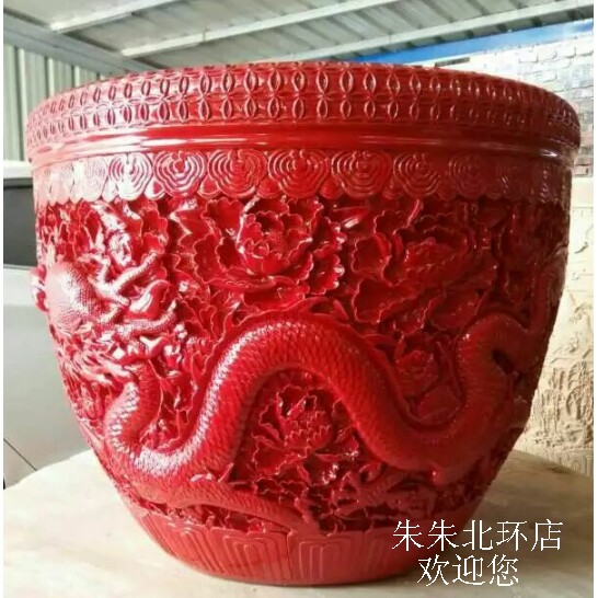 景德镇陶瓷器中国红雕刻龙凤呈祥穿牡丹大号金鱼缸睡莲书画荷花缸
